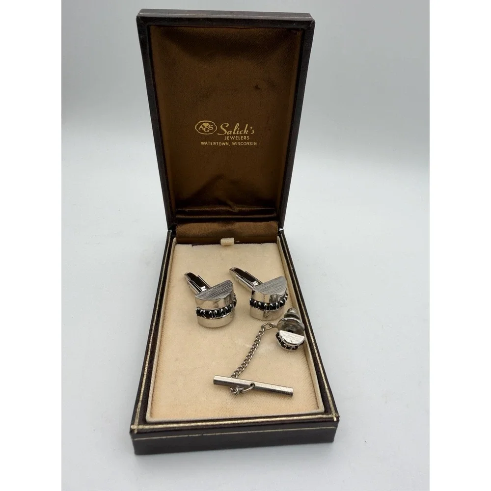 Unique Vintage Black Stone Silver Tone Cufflinks With Tie Chain/Pin/Clasp & Box